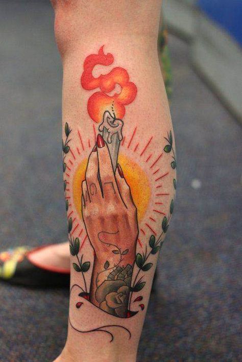 #Fire: hand holding burning candle | mix of realistic and traditional styles Burning Candle Tattoo, Candle Tattoo Design, Tato Flash, Lantern Tattoo, Candle Tattoo, Flame Tattoos, Fire Tattoo, Tatuaje A Color, School Tattoo