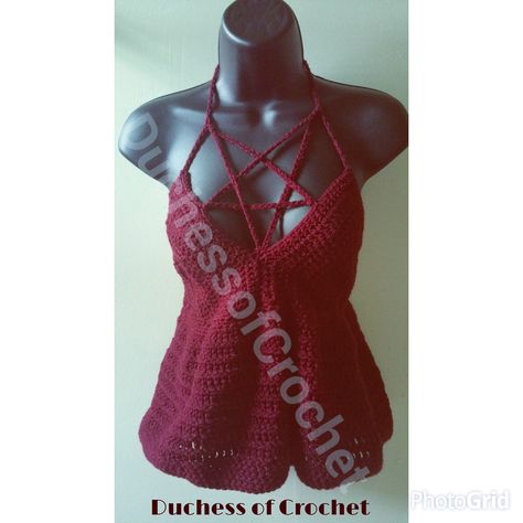 Crocheted Pentagram halter top Crochet Pentagram Top Pattern, Crochet Pentagram Top Pattern Free, Pentagram Crochet Top, Crochet Hoodie, Hoodie Pattern, Halter Top, Halter Dress, Crochet Top, Free Crochet Pattern