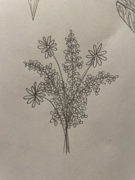 Line Sketch Tattoo, Daisy And Lavender Bouquet Tattoo, Daisy And Lilac Tattoo, Lilac Tattoo Design Black And White, Lilac Line Tattoo, Lilac Flower Tattoo Black And White, Lilac Sketch, Lilac Bouquet Drawing, Lilac Tattoo