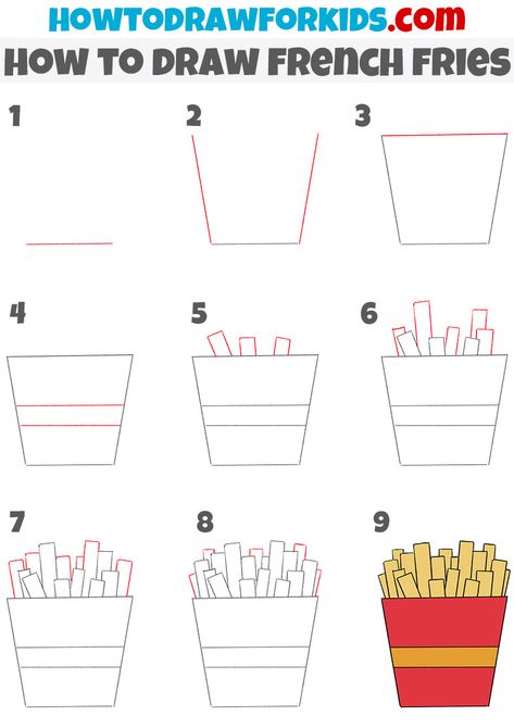 How To Draw French Fries, French Fries Drawing Easy, Fries Drawing Easy, French Fries Craft, French Fries Drawing, Fries Drawing, Burger Drawing, Kdp Books, Starbucks Art