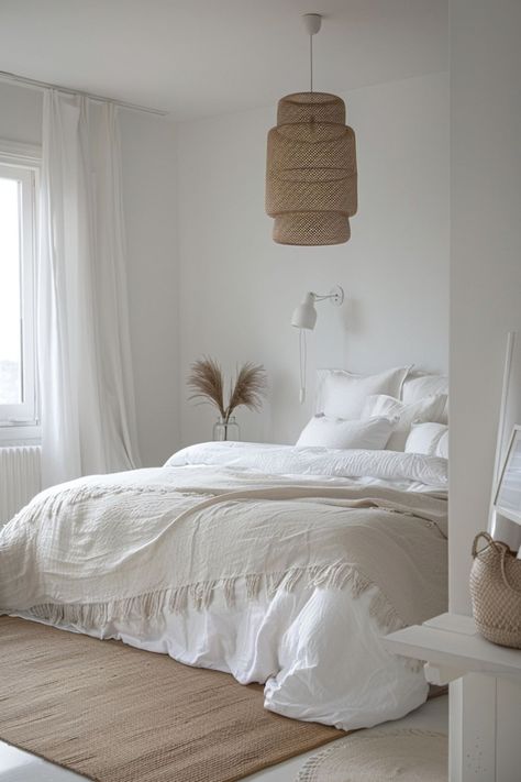 Minimal Contemporary Bedroom, Modern Minimalist Bedroom Luxury, White And Wood Bedroom, White Bedrooms Ideas, White Bedroom Decor Ideas, White And Beige Bedroom, White Bedroom Cozy, Cream And White Bedroom, White Bedrooms