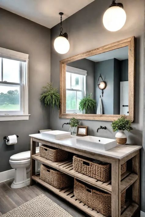 Farmhouse bathroom with rustic vanity and ceramic sink Rustic Bathroom Designs Farmhouse Style, Two Sink Bathroom Ideas, Bathroom Sink And Vanity, Open Bathroom Vanity, Sink And Vanity, Bathroom Double Sink, Rustic Vanity, Walk In Shower Designs, Bathroom Oasis