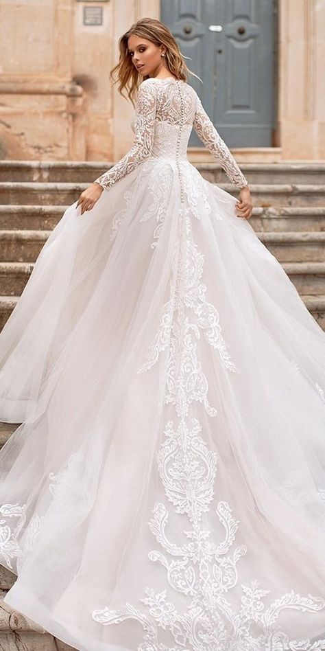 lace ball gown wedding dresses with long sleeves lace with train naviblue bridal Long Sleeve Ball Gown Wedding Dress, Boho Wedding Dress With Sleeves, Curvy Wedding Dress, Wedding Dresses Lace Ballgown, Long Sleeve Ball Gowns, Wedding Dress Guide, Lace Ball Gowns, White Wedding Dress, A Wedding Dress