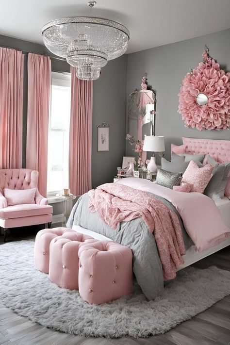 Grey Pink Bedroom Decor, Classy Bedroom Pink, Pink Grey And White Bedroom Decor, Gray Girls Bedroom Ideas, Gray Pink And White Bedroom, Pink Twin Bedroom, Pink And Gray Room, Pink Themed Bedroom, Girly Girl Bedroom