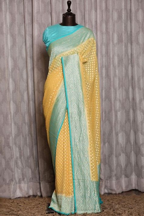 Khadi Banarasi saree Benaras Georgette Blouse Designs Latest, Benaras Georgette Sarees, Saree Modern, Benaras Sarees, Banarasi Georgette Saree, Ocean Blue Color, Kanjivaram Sarees Silk, Royal Yellow, Best Blouse Designs