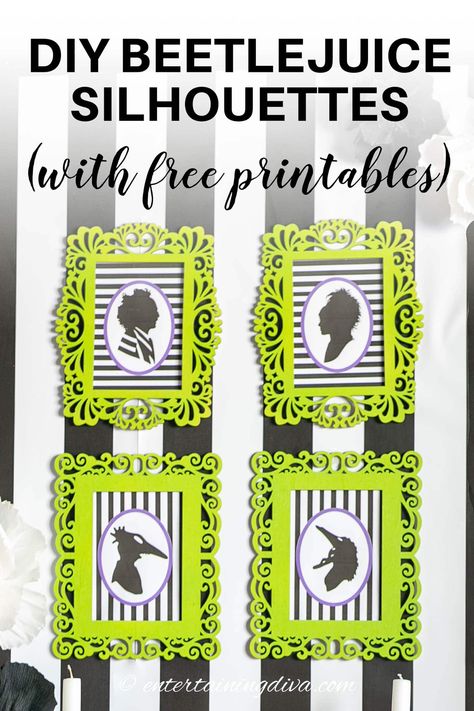 Transform your walls into a spooky scene with these DIY Beetlejuice silhouette pictures. Easy decorations for your Halloween party. Beetlejuice Silhouette, Beetlejuice Halloween Party, Diy Beetlejuice, Indoor Halloween Decor Ideas, Diy Halloween Tree, Beetlejuice Party, Indoor Halloween Decor, Juice Party, Halloween Juice