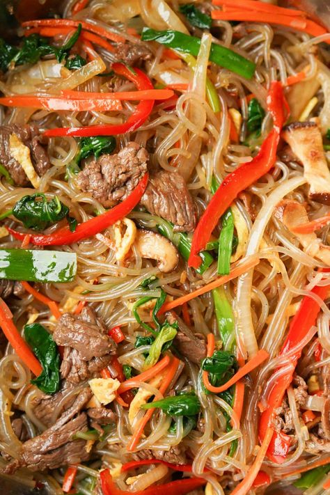 Japchae Recipe (Korean Glass Noodles w/ Ribeye) - Hungry Huy Sweet Potato Glass Noodles Recipe, Japchae Recipe Korean, Sweet Potato Glass Noodles, Potato Glass Noodles, Korean Noodle Recipes, Japchae Recipe, Korean Sweet Potato Noodles, Glass Noodles Recipe, Korean Glass Noodles