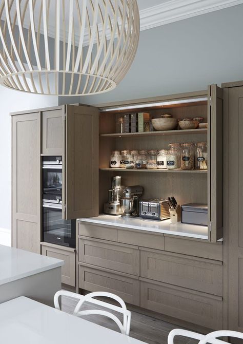 Esteem - Mowlem & Co bespoke and handmade kitchens Kitchen Larder, Pantry Room, Hidden Kitchen, Kitchen Pantry Design, Kitchen Counters, Kitchen Room Design, Kitchen Inspiration Design, Pantry Design, Kitchen Furniture Design