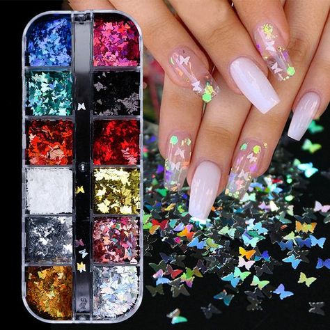 Shimmer Nail Art, Fluorescent Nails, Nail Art 3d, Manikur Kuku, Nail Art Glitter, Butterfly Nail Art, Nail Shimmer, Japanese Nail Art, Studded Nails