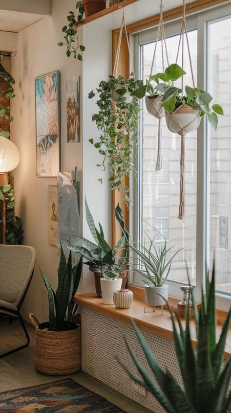 26  Easy Window Décor Tips to Elevate Any Room — #16 Will Surprise You! Window Shelf Plants, Wall Opening Between Rooms Decor, Plant Hanging In Window, Shelves Above Windows Living Room, Window Plant Hanging Ideas, Window Sill Ideas Decoration Living Room, Hang Plants In Window, Plants Above Window, No Trim Windows