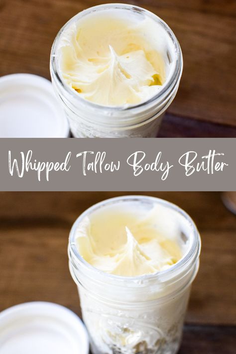 Whipped Tallow Body Butter Recipe - A Quaint Life Beef Tallow Whipped Body Butter, Tallow Whip Recipe, Beef Tallow Body Butter, Tallow Lotion Recipe With Coconut Oil, Whipped Beef Tallow Lotion, Goat Milk Body Butter Recipe, Whipped Tallow Body Butter, Tallow Lotion Recipe, Tallow Recipes