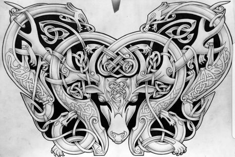 Eikthyrnir Tattoo, Nordic Throat Tattoo, Celtic Stag Tattoo, Stag Tattoo Design, Norse Patterns, Cerberus Tattoo, Chris Tattoo, Tattoos Celtic, Beautiful Spine Tattoos