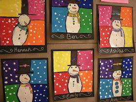 Art 2nd Grade, Snowmen Paintings, January Art, Winter Art Lesson, Classe D'art, Christmas Art Projects, Winter Art Projects, 3rd Grade Art, Classroom Art Projects