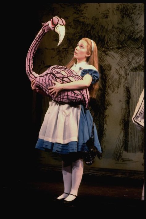 Actress Kate Burton w. flamingo in a scene fr. the Broadway revival of "Alice in Wonderland." From New York Public Library Digital Collections. Alice In Wonderland Runway, Alice In Wonderland Musical, Alice Core, Kate Burton, Hyper Real, Lizzie Hearts, To Alice, Stage Props, Alice Book