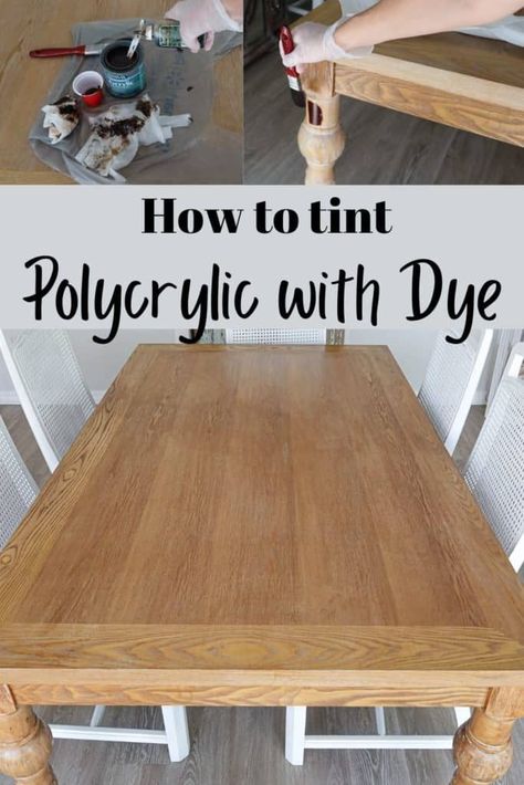 how to tint polycrylic with dye. Learn how to create your own DIY sealer or top coat with this easy tutorial and video. I've also answered questions like "can you mix polyurethane with paint" and "can you mix polyurethane with stain" Polyshades Before And After, Real Wood Table, Diy Furniture Repair, Garage Sale Finds, Water Based Stain, Diy Projects On A Budget, Rustic Dining, Frugal Living, Particle Board