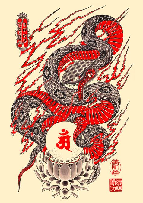 Year Of The Snake Tattoo, Flesh Tattoo, Tattoo Espalda, Traditional Snake Tattoo, Japanese Snake Tattoo, Torso Tattoos, Snake Drawing, Japan Tattoo Design, Japanese Dragon Tattoos