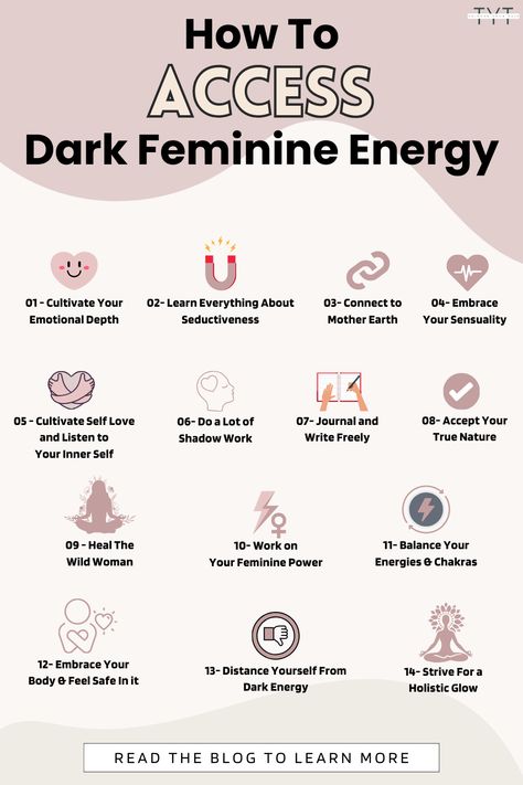 Exploring various ways to tap into this powerful force, from cultivating emotional depth to connecting with nature is very important. Each step is designed to guide you closer to unlocking the enigmatic allure of your dark feminine essence. Read the blog to learn more in details. How To Get Dark Feminine Energy, Dark Feminine Energy Books To Read, Dark Feminine Boundaries, Types Of Feminine Energy, Dark Feminine Guide, How To Become Dark Feminine, How To Tap Into Feminine Energy, Dark Female Energy, Quantum Physic