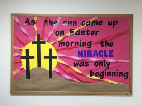 Easter Class Decorations, March Bulletin Board Ideas For Church, Easter Bulliten Board Ideas For Church, Lenten Bulletin Board Ideas, Preschool Easter Bulletin Boards, Christian Spring Bulletin Boards, Spring Religious Bulletin Boards, Easter Bulletin Boards For Church, Easter Bulletin Board Ideas