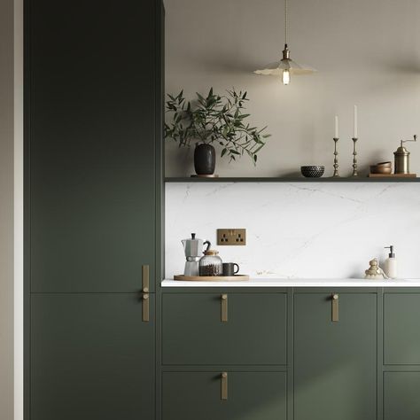 Hockley Super Matt In-Frame Fir Green Howdens Fir Green Kitchen, Green In Frame Kitchen, Marble Countertop Island, Modern Uk Kitchen, Matte Green Kitchen, Green Brass Kitchen, Howdens In Frame Kitchen, Green White Gold Kitchen, Howdens Green Kitchen