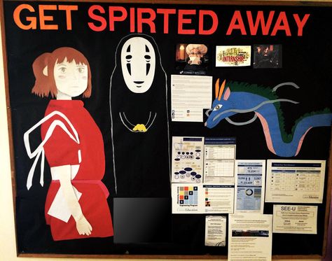 Spirited Away Bulletin Board - Internship Opportunities  RA / Resident Advisor / Hayao Miyazaki / Studio Ghibli Studio Ghibli Bulletin Board, Studio Ghibli Classroom Decor, Studio Ghibli Door Decs, Anime Bulletin Board, Ghibli Classroom, Board Ideas For Bedroom, Room Decor Videos, Bulletin Board Ideas For Bedroom, Manga Display