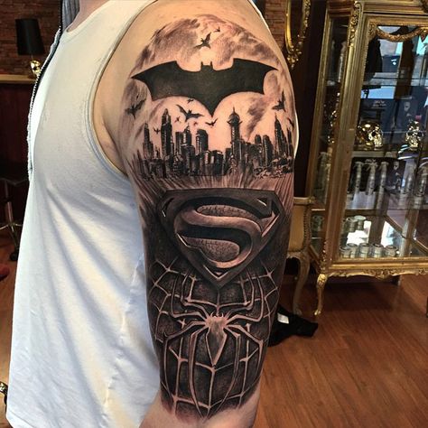 Superheroes sleeve - Batman, Superman & Spiderman by Adem. Kurt Tattoo, Super Hero Tattoos, Superman Tattoos, Dc Tattoo, Hero Tattoo, Superman Spiderman, Spiderman Tattoo, Superman And Spiderman, Batman Tattoo