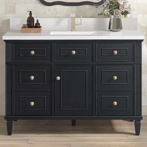 James Martin Lorelai 48" Single Vanity in Black Onyx with 3 cm White Zeus Quartz Top, Black Cabinets Bathroom, James Martin, Vanity Base, The James, Undermount Sink, Bathroom Space, Black Bathroom, White Quartz, Bathroom Vanities