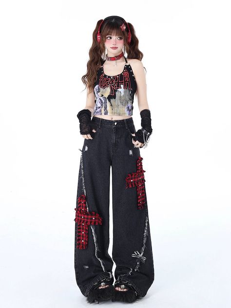 ❤︎Street Diary Wide Denim Pants❤︎ Punk Girl Fashion, Wide Leg Jeans Women, Punk Jeans, Jeans Grunge, Estilo Harajuku, Grunge Jeans, Career Outfits, Mode Punk, Music Career