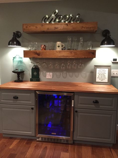 Rustic bar with IKEA cabinets and beverage center Rec Room Basement, Basement Bar Designs, Recreational Room, Home Coffee Stations, Rustic Bar, Small Basements, Home Coffee Bar, Beverage Center, Coffee Bar Home