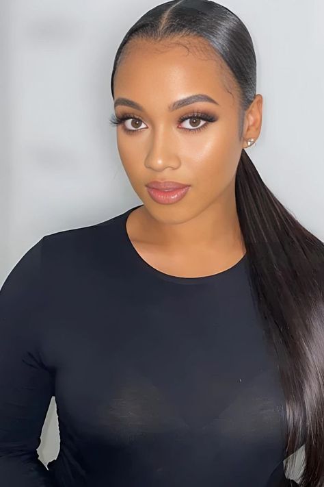 Middle Part Low Ponytail Hairstyle Smooth Low Ponytail, Low Ponytail With Middle Part, Flick Ponytail, Low Middle Part Ponytail Weave, Low Middle Part Ponytail, Cute Middle Part Hairstyles, Middle Part Low Ponytail, Middle Part Ponytail Black Women, Low Pony Hairstyles Black