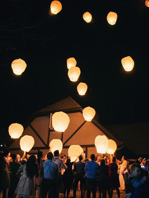 When it comes time to send off the newlyweds, send off wish lanterns into the night for even more good luck! Wedding Lanterns Release, Wish Lanterns, Sky Lantern, Wedding Day Wishes, Floating Lanterns, Wedding Send Off, Sky Lanterns, Woodsy Wedding, Wedding Exits