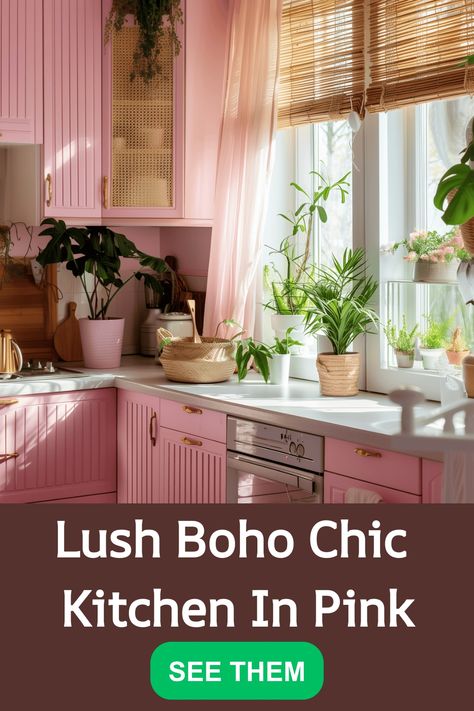 Lush Boho chic kitchen with pink cabinets and abundant plants. Boho Chic Kitchen Decor, Boho Chic Kitchen, Boho Kitchen Ideas, Rattan Light, Room Concept, Colorful Textiles, Wallpaper Walls Decor, Earthy Color Palette, Vintage Elements