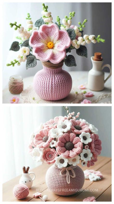 Amigurumi Flower Free Crochet Pattern - Amigurumi Crochet Vase Flowers Free Pattern, Crochet Floral Arrangements, Crochet Pot Free Pattern, Crochet Flower Centerpiece, Crochet Flower Bouquet In Vase, Crochet Potted Flowers Free Pattern, Easy Crochet Flower Bouquet, Crochet Flowers Pot, Flower Pot Crochet Pattern Free