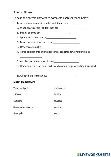 Components of physical fitness online activity for 6. You can do the exercises online or download the worksheet as pdf. Fitness Worksheets, Sports Science, The Worksheet, Muscular System, Food Pyramid, Card Board, Health Lessons, Online Activities, Physical Education