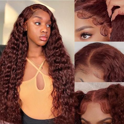 PRICES MAY VARY. · Reddish Brown Water Wave Human Hair Lace Front Wig Material :100% unprocessed virgin brazilian human hair wigs,13x6 hd transparent lace,reddish brown water wave wig, full cuticle aligned, bouncy,soft and comfortable, no shedding and no ordor, tangle free,wigs last longer. · Auburn Curly Wigs Human Hair 13x6 Hd Lace Front Wigs Human Hair Texture: reddish brown curly 13x6 lace front human hair wig for black women dark auburn colored wig used swiss lace, blends perfectly into you Auburn Color, Wig Material, Brown Water, Dark Auburn, Wavy Wigs, Lace Front Wigs Human Hair, Wave Wig, Red Wigs, Colored Wigs