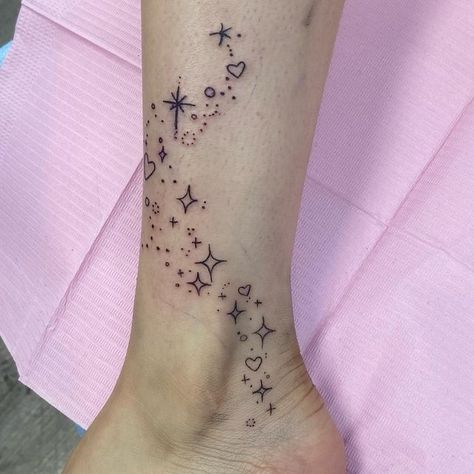 Sparkle Ankle Tattoo, Sparkle Tattoo Filler, Fairy Sparkle Tattoo, Sparkles Tattoo Ideas, Sparkle Aesthetic Tattoo, Simple Sparkle Tattoo, Stars Leg Tattoo, Glitter Style Tattoo, Hand Sparkle Tattoo