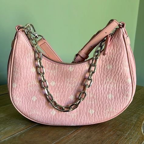 MCM Small Aren Crescent Hobo Bag in Visetos Blossom Pink Mcm Handbags, Mcm Bags, Hobo Bag, Crescent, Pink Color, Shoulder Bags, Dust Bag, Blossom, Bag Lady