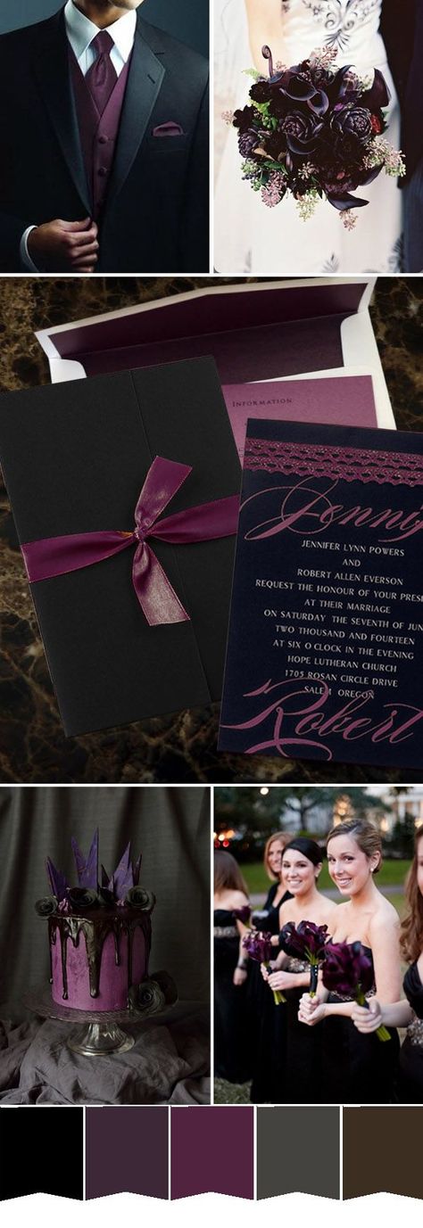 dark purple and black wedding color ideas and wedding invitations Purple And Black Wedding, Wedding Colors Purple, Wedding Color Scheme, Purple Wedding Invitations, Goth Wedding, Dark Wedding, Halloween Tattoos, Future Wedding Ideas, Gothic Wedding