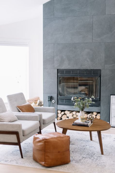 Fireplace Update, Living Room Decor On A Budget, Tile Fireplace, Mid Century Modern Lounge Chairs, Living Room Reveal, Trendy Living Rooms, Modern Lounge Chairs, Family Room Design, Living Room Makeover