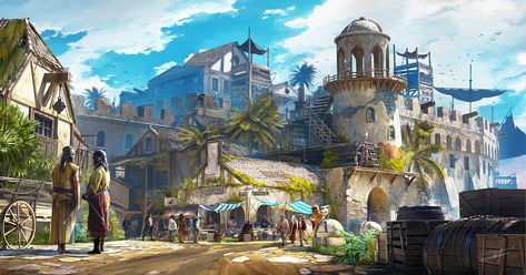 Harbor City, Harbor Town, Location Inspiration, Landscape Concept, Image Painting, Fantasy City, Fantasy Castle, Fantasy Setting, Fantasy Places