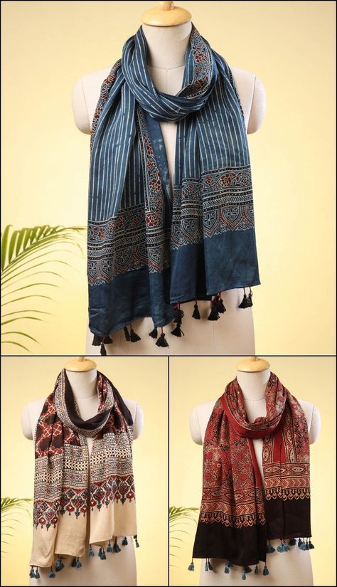 Natural Dyed Ajrakh Block Print Pure Modal Silk Stole with Tassels Block Print Saree Designs, Dupatta Photography, Dupatta Designs Ideas, Office Wear Women Work Outfits, Ajrak Print, Floral Skirt Outfits, Cotton Dress Pattern, Dupatta Design, Block Print Scarf