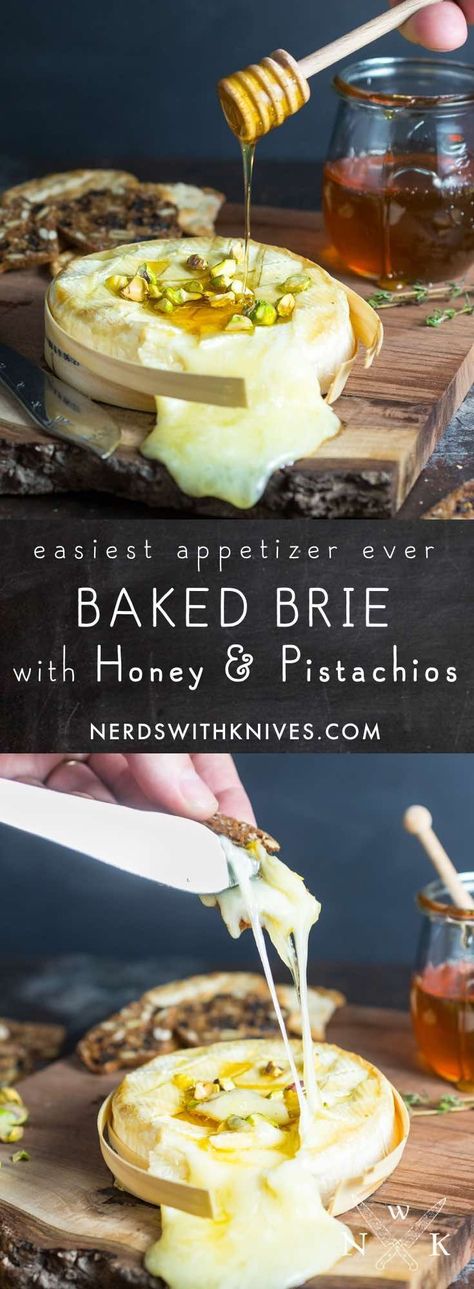 Easy Baked Brie with Honey and Pistachios. So simple and delicious, you’ll never want regular Brie again. Appetizers Brie, Baked Brie With Honey, Brie With Honey, Baked Brie Honey, Brie Baked, Easy Baked Brie, Baked Brie Recipes, Brie Appetizer, Brie Recipes