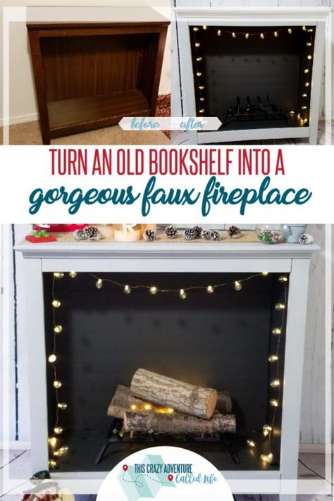 Upcycle DIY idea for an old bookself. Make a faux fireplace perfect for apartments or renters. Decorate a mantle, hang your stockings, and more. Make your living room cozy with fireplace decor. Great home decor or room update option without spending a lot of money. #ThisCrazyAdventureCalledLife #DIY #fireplace #Mantle #HomeDecor Make A Faux Fireplace, Diy Fireplace Mantle, Old Bookshelves, Gathering Ideas, Renters Decorating, Fireplace Bookshelves, Fake Fireplace, Upcycle Diy, Faux Fireplace Diy