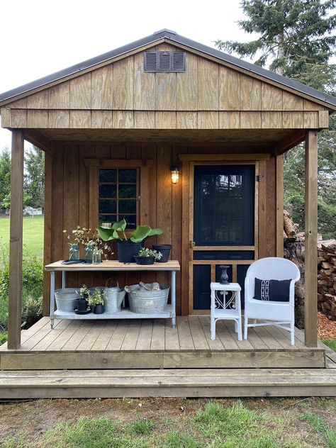 Garden Shed Makeover He Shed Ideas, Organize Garden Tools, Garden Shed Makeover, Shed Exterior Ideas, Garden Shed Interiors, Rustic Shed, Shed With Porch, Shed Makeover, Shed Interior