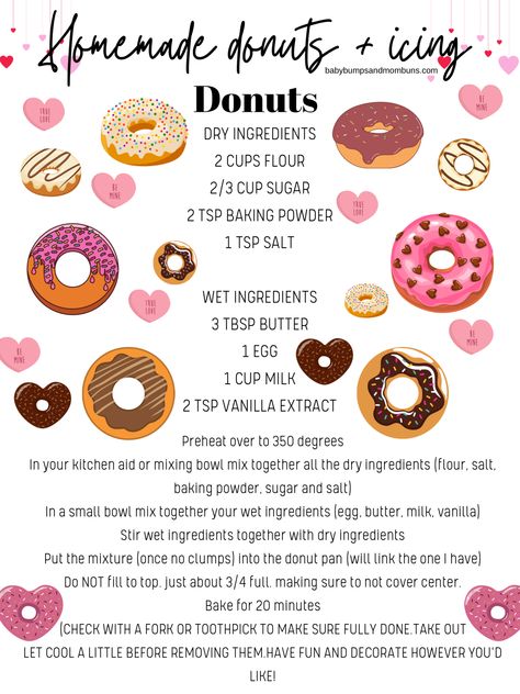 DIY Homemade Mini Valentines Donuts + Icing. (Free Printable Recipe Included) Valentines Baked Goods, Mini Donut Recipe, Mini Donut Maker Recipes, Donut Maker Recipes, Mini Donut Recipes, Donut Icing, Mini Donuts Maker, Cake Donuts Recipe, Doughnut Recipe Easy