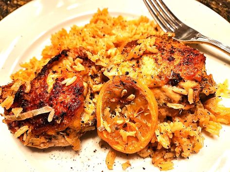 One-Pan Baked Greek Chicken Recipe With Lemon Rice Is Fantastic Best Chicken And Rice Recipe, The Best Chicken And Rice, Greek Chicken Recipe, Hamburger Steak Recipes, Baked Greek Chicken, 30seconds Food, Recipe With Lemon, Chicken And Rice Recipe, Greek Dinners