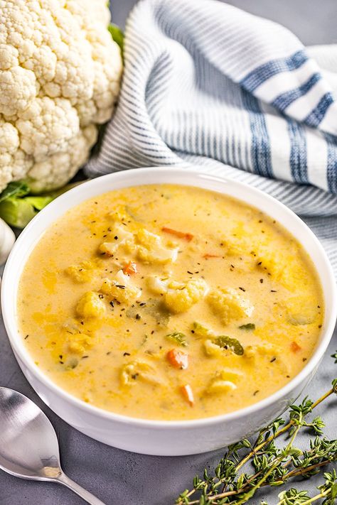 Creamy Cauliflower Soup - thestayathomechef.com Coliflower Soup, Cream Of Cauliflower Soup Recipe, Soups Crockpot, Soups Healthy, Cheesy Cauliflower Soup, Crockpot Soups, Easy Vegetable Soup, Cream Of Broccoli, Creamy Cauliflower Soup