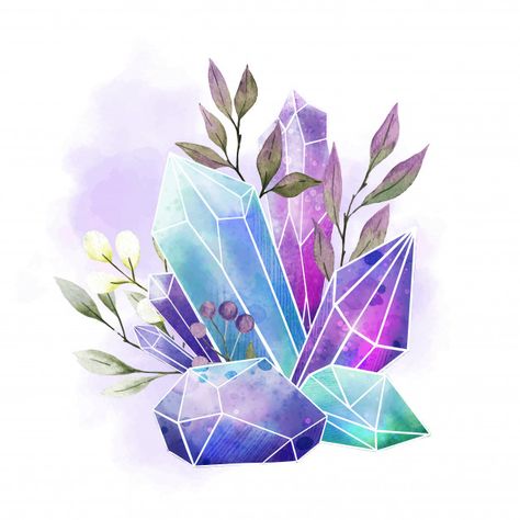 Watercolor gems, crystals and leaves, ha... | Premium Vector #Freepik #vector #watercolor Crystals Art Drawing, Watercolor Gem, Crystals Watercolors, Crystal Illustration, Gem Drawing, Crystal Drawing, Gems Crystals, Arte Inspo, 판타지 아트