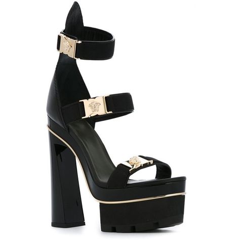 Versace Medusa Tri-Strap Platform Sandals (70,635 DOP) ❤ liked on Polyvore featuring shoes, sandals, black leather shoes, black platform shoes, black sandals, leather platform sandals and block heel platform sandals Heel Collection, Versace Sandals, Block Heel Platform Sandals, Shoes Fashion Photography, Shoes Heels Classy, Sandals Platform, Funky Shoes, Heels Classy, Stunning Shoes