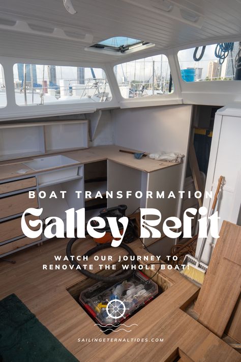 Renovating a sailboat is no small task, but we're making progress on our Islander Freeport 41, Blue Planet. In this episode, we focus on the galley and show you how we transformed the space with DIY flooring, cabinets, and appliances. Whether you're planning a tiny home or boat renovation of your own, you'll love these design ideas and helpful tips. #diyrenovation #galleyremodel #boatlife #sailboatliving #blueplanet #islanderfreeport #oahusailing #sailingjourney #tinyhome #RVrenovation Boat Interior Color Schemes, Boat Galley Ideas, Houseboat Floor Plans, Boat Interior Remodel, Boat Interior Ideas Cabins, Sailboat Interior Ideas, Sailboat Renovation, Boat Decorating Ideas Interiors, Sailboat Galley