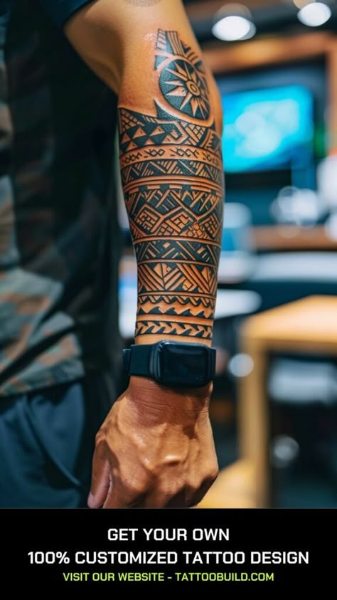 tribal sleeve tattoo Aztec Tattoos Men, Best Tattoo Ideas For Men Arm, Chest To Arm Tattoo Men, Polynesian Tattoo Sleeve Men, Sleeves Tattoos For Guys, Aztec Sleeve Tattoos, Men Tattoo Ideas Arm, Arm Tattoo Designs Men, Geometric Tattoo Men